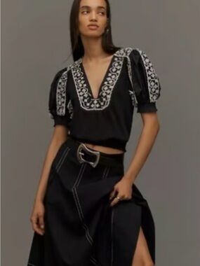 Anthropologie Black V-Neck Puff Sleeve Top with White Embroidery